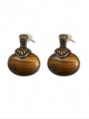Vintage Brown Moonglow Oval Art.Deco Castlecore Post Earrings